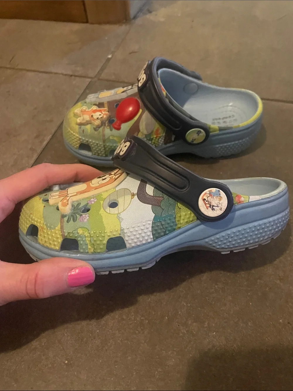 CROCS Kids Clog in Green with Navy Strap and Multicolor Characters